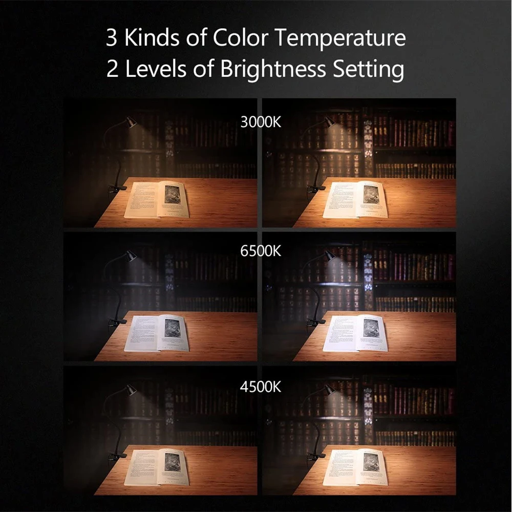Clamp Desk Lamp Clip on Reading Light Adjustable Color Temperature Book Light  Flexible Gooseneck Book Lamp Dimmable Desk Light