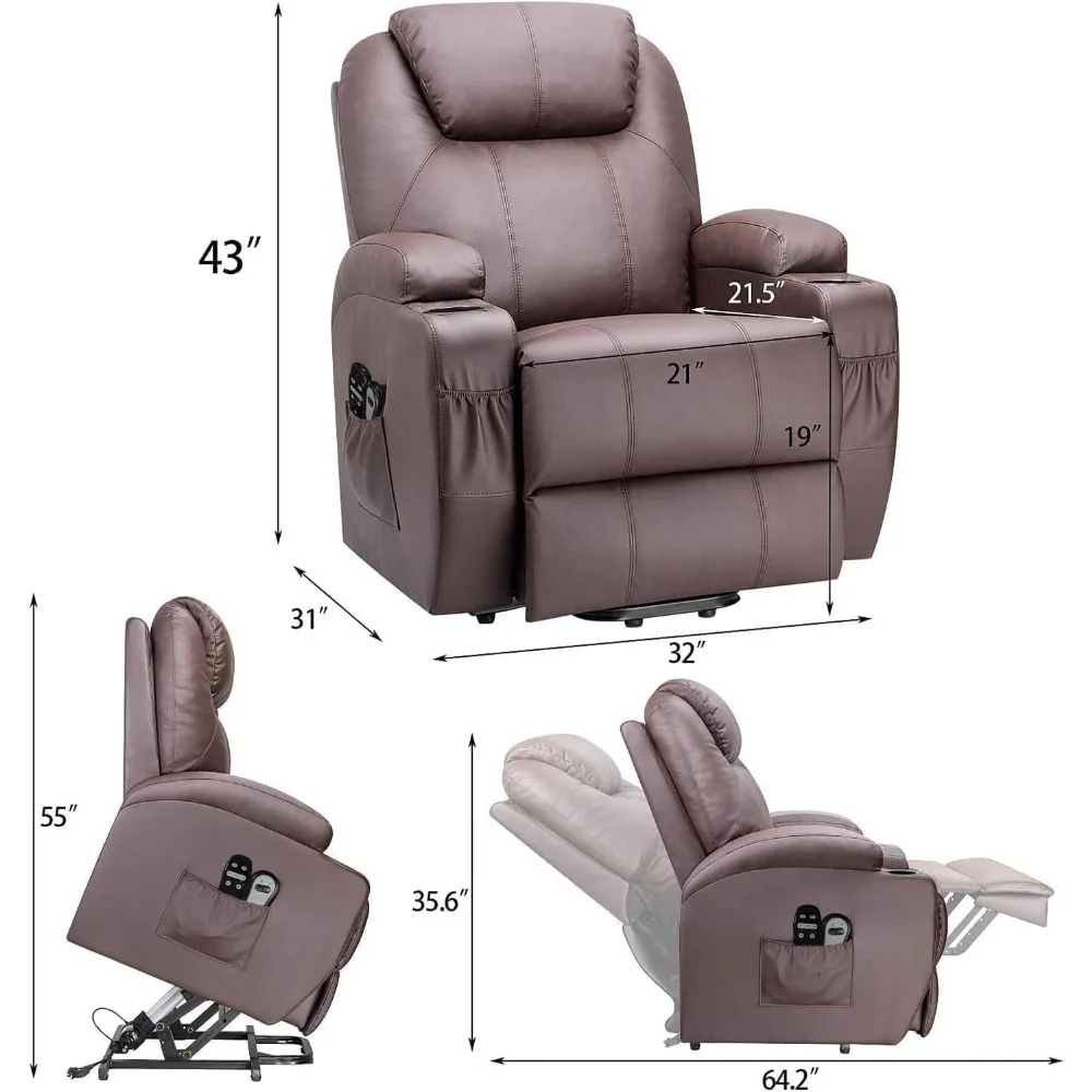 Power Lift Recliner Chair PU Leather with Massage, Ergonomic Lounge Chair Classic Single Sofa with 2 Cup Holders Side Pockets