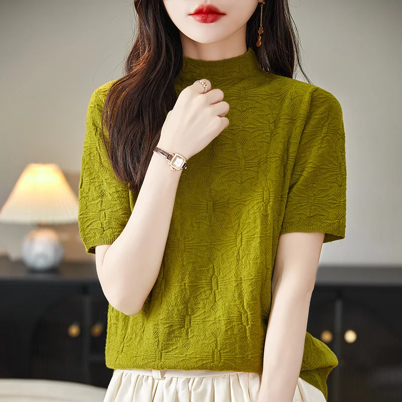 2024 Summer Women\'s Sweater Short Sleeve Pullover T-shirt Pure Wool Knitwear Half High Neck Loose Versatile Slim Fit Fashion Top