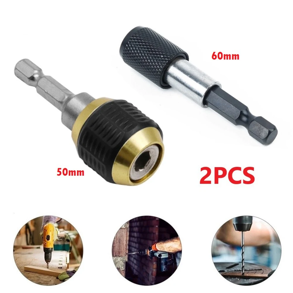2pc 50/60mm Drill Chuck Screwdriver Impact Driver Keyless Adaptor 1/4in Hex Shank Drill Bit Quick Change Convertor Adapter Tool