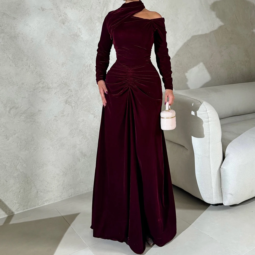 

Customized Mermaid Evening Dresses Floor-length High-neck Full Sleeve Prom Gown Simple Fashion Pleat Draped Casual Party Gown
