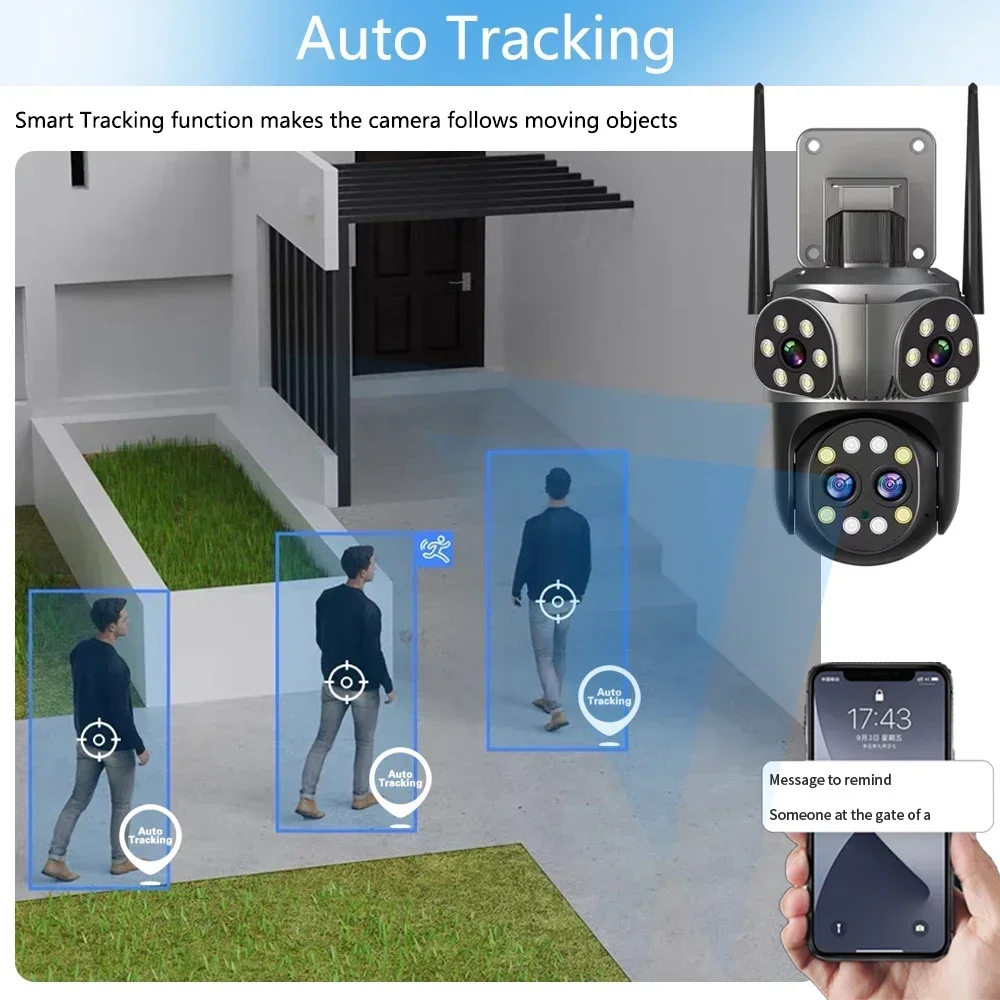 16MP 8K Wifi Surveillance Three-Screen 4-Lens 10X PTZ Zoom Outdoor Security IP Camera Color Night  Audio Bluetooth Connectivity