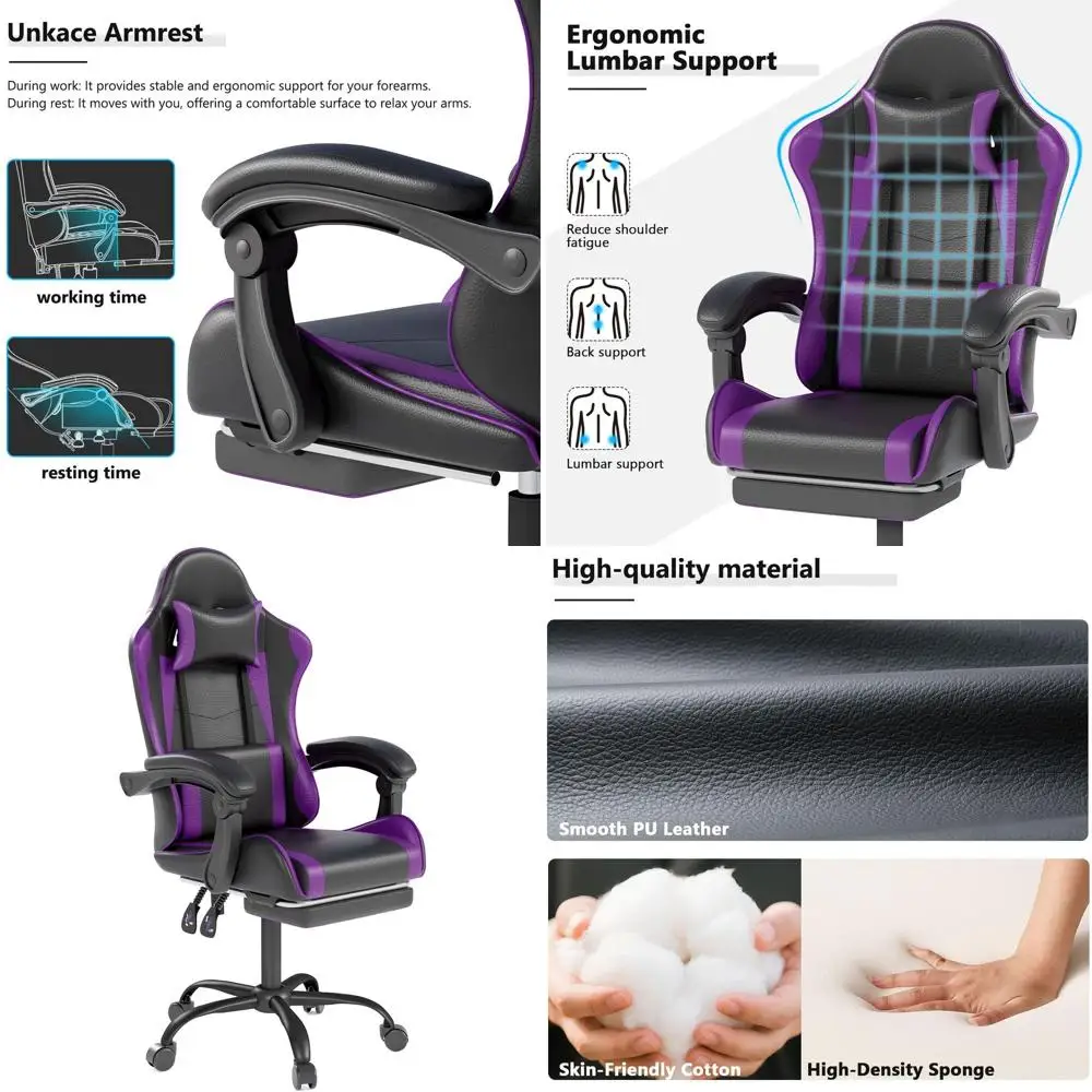 

Purple Ergonomic Racing-Style Leather Chair with Headrest and Lumbar Support for Home Office Desk