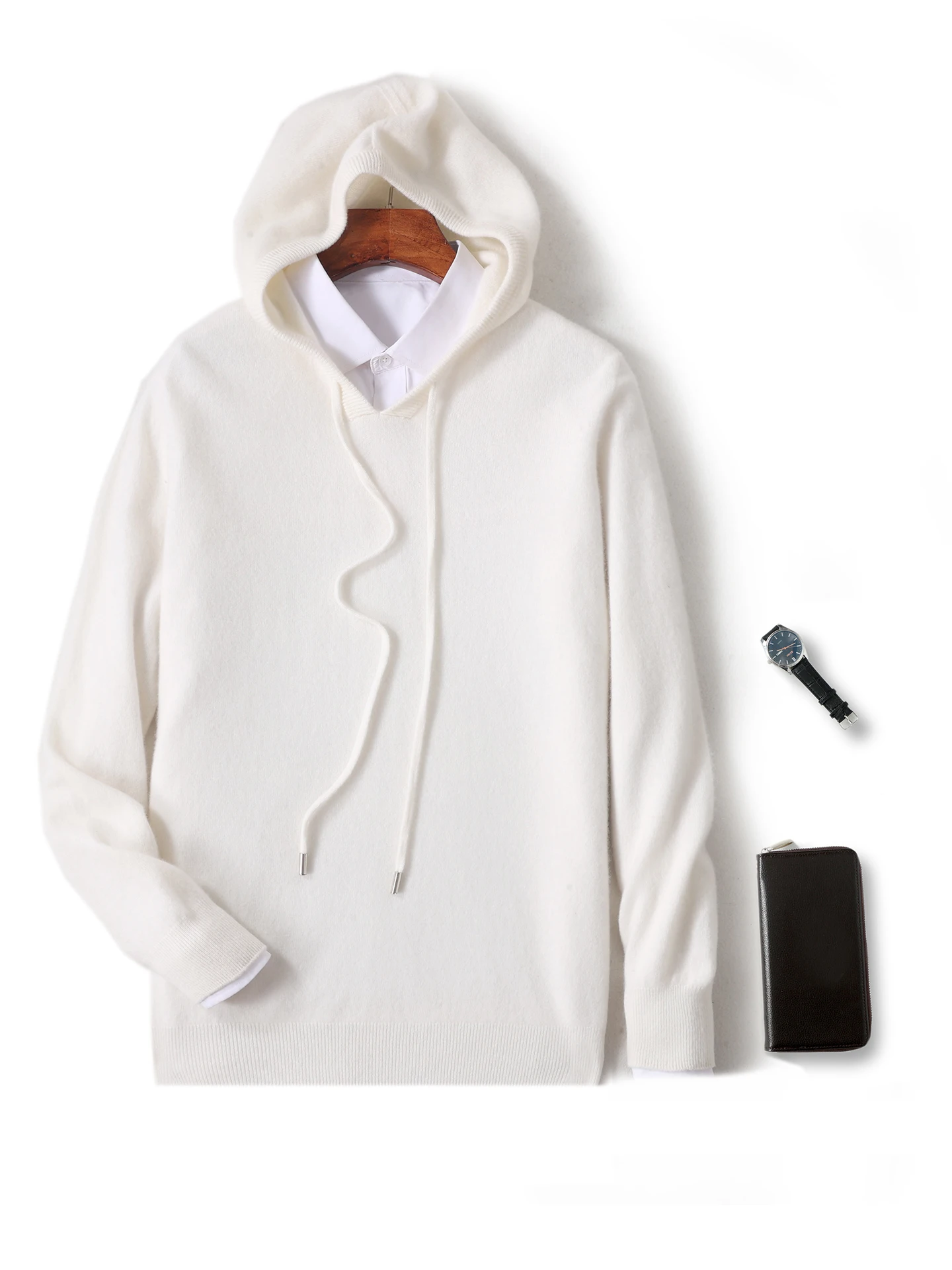 Suéter clásico con capucha para hombre, Jersey de punto de lana merina de 100%, ropa de manga larga, Tops, abrigos gruesos informales, Otoño e Invierno