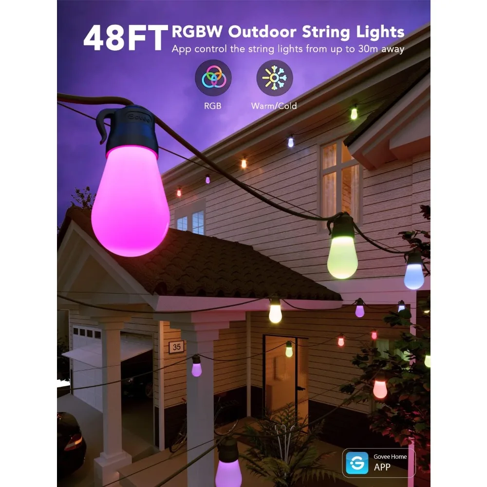 

Smart Outdoor String Lights H7015, 48ft RGBIC Outdoor Lights with 15 Dimmable LED Bulbs, IP65 Waterproof