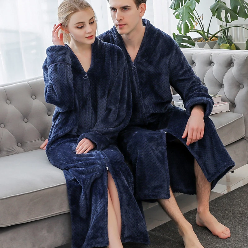 

Autumn Winter Flannel Long Robe Couple Sleepwear V-Neck Thickened Coral Fleece Nightgown Lounge Wear Loose Casual Warm Homwear