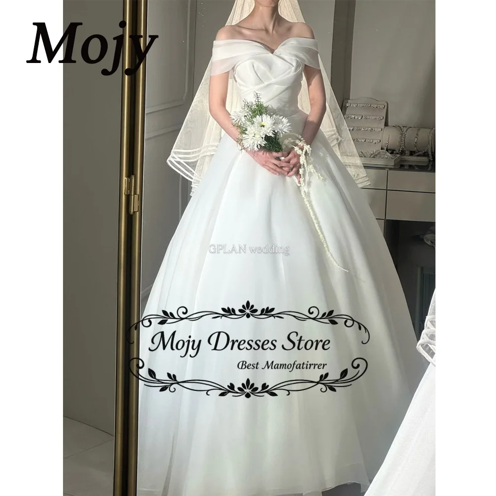 

Mojy Customized Off Shoulder Organza Ivory Wedding Dresses Lace-up Short Sleeves Simple Korea Brides Gowns Women Bridal Dresses