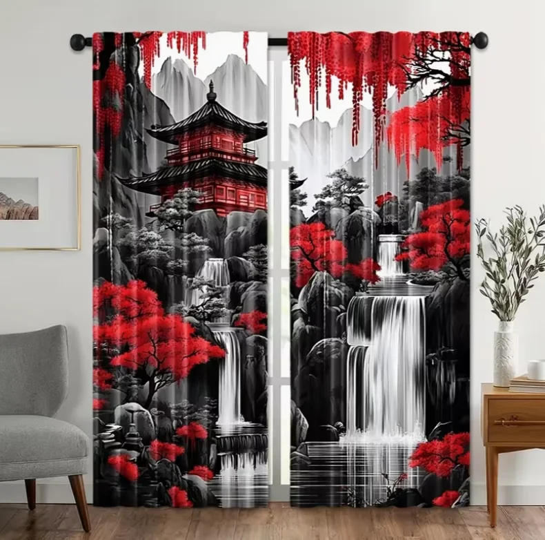 2PCS Traditional Japanese Landscape Ink Art Curtains, Semi-Transparent Rod Pocket Style, Washable in Machine, Decorative