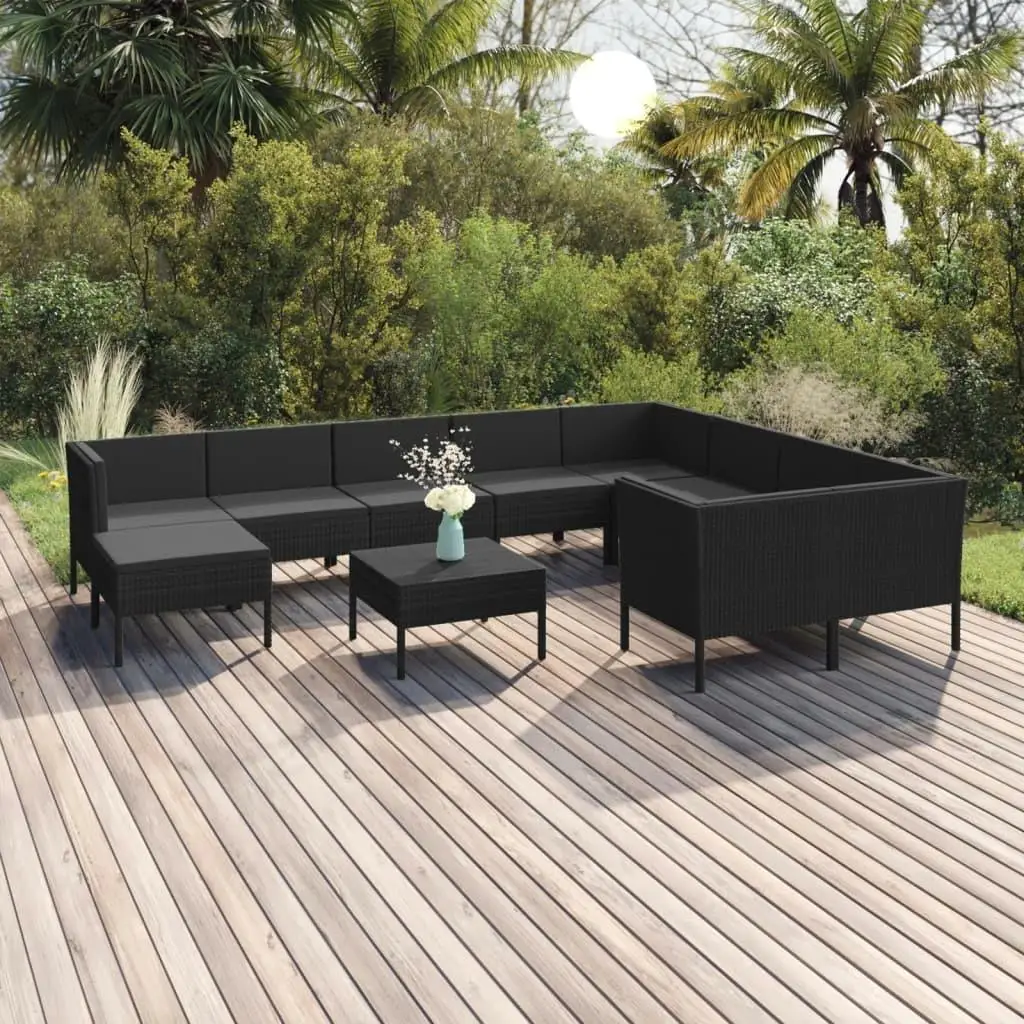 11-Piece Black Poly Rattan Patio Lounge Set with Cushions – Outdoor Furniture Collection