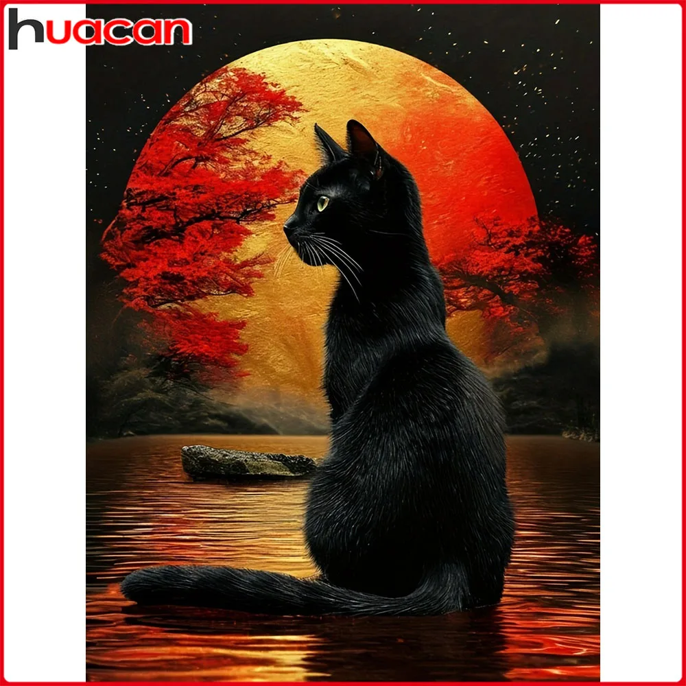 Huacan 5D-Diamantgemälde zum Selbermachen, Katze, Mond, Diamant-Mosaik, Tierlandschaft, neue Kollektion, Heimdekoration