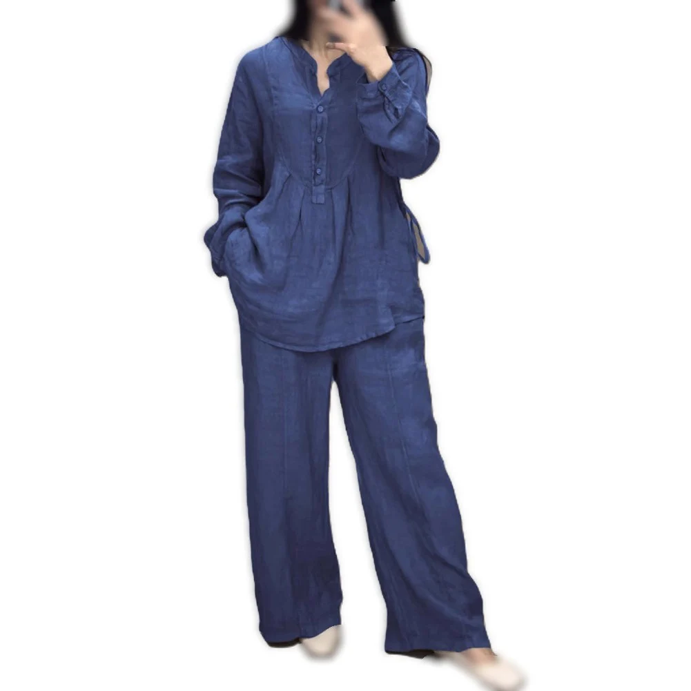 Womens Solid Color Coordinated Outfit with Long Sleeve Blouse and Wide Leg Trousers Made from Soft Polyester Fabric