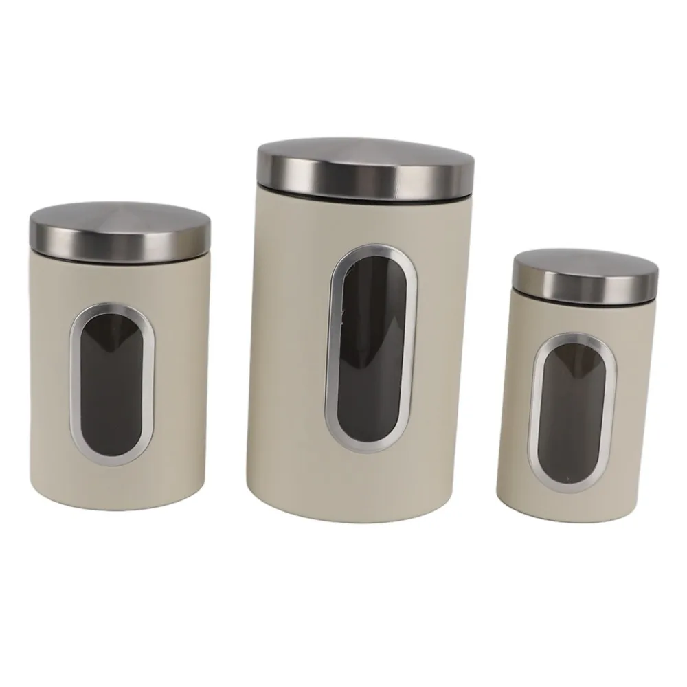 3PCS Practical Iron Kitchen Canisters Set s/m/l Beige/Black Coffee Canister Set Airtight Container Set Bar Storage