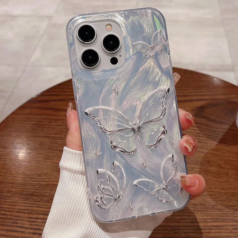 Silver Personality Gradient Feather Butterfly Phone Case For iPhone 11 12 13 14 15 Pro Max Plus Shockproof Soft IMD BacK Cover