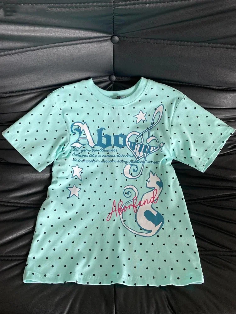 Polka Dot Cartoon Letter Printing Tshirts 2026 Summer Y2k Aesthetic Mint Green Casual Tops Harajuku Women Grunge Vintage T-shirt