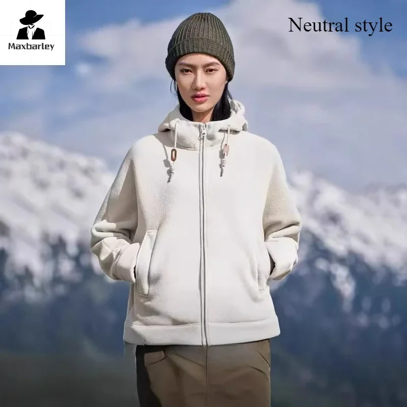 Winter Warm Cashmere Jacket Men's High-end Fleece-lined Thickened Hoodie Coat Casual Women's Outdoor Camping Cold-proof Jacket