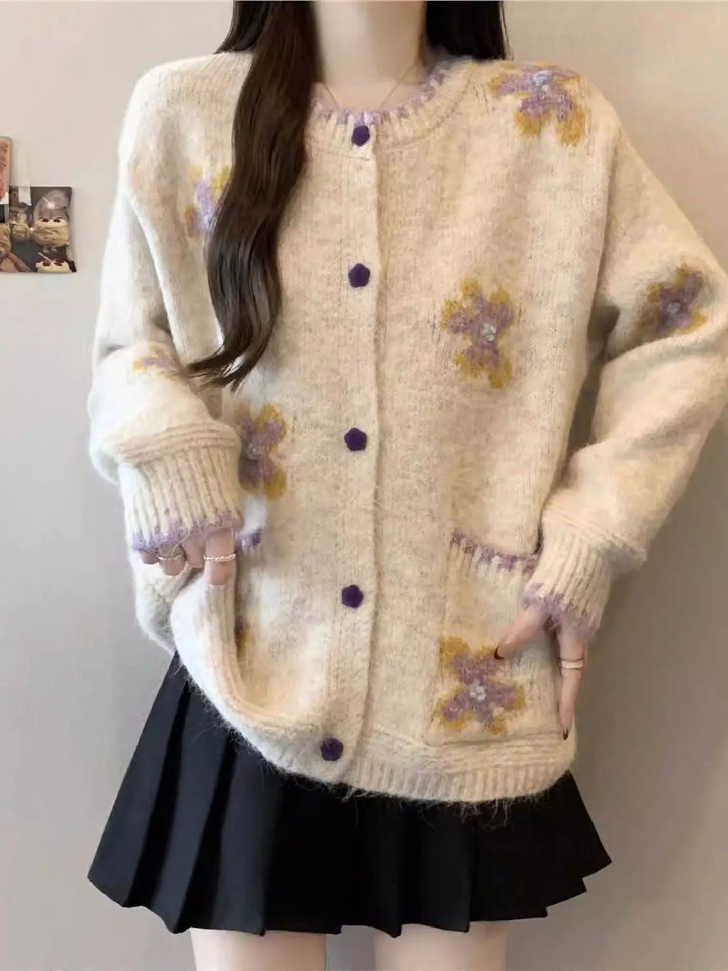 

Ladies Long Sve Knitted Sweater Coat Embroidered Flowers Casual Sle plus Size Winter Outerwear Soft Comfortable Knitwear
