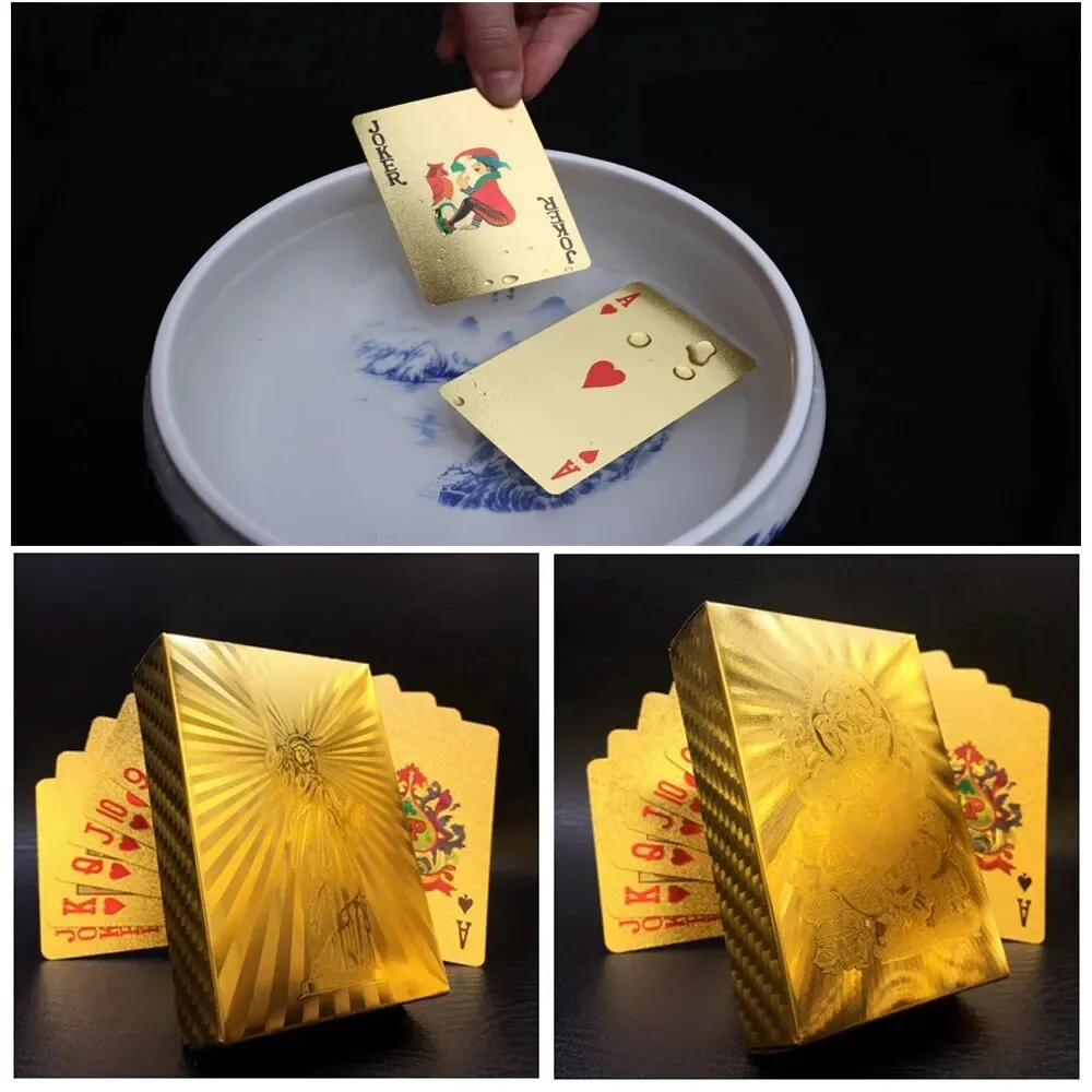 55pcs Golden Playing Entertain Cards Gold Foil Pokers Set Magic Cards 24K Gold Plastic Foil Pokers Durable Waterproof Cards