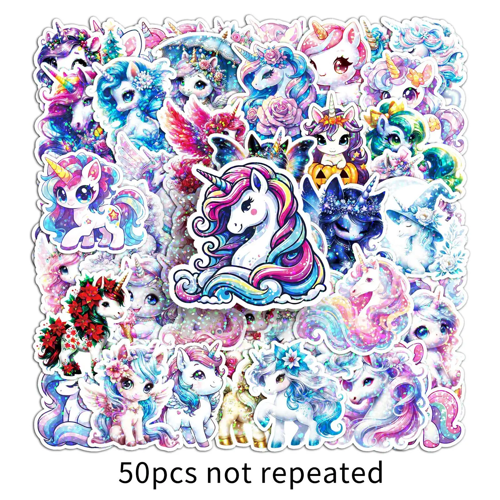 50PCS Flash Film Laser Unicorn Stickers Cute Cartoon Animal Phone Computer Stationery Notebook Waterproof Decoration Stickert