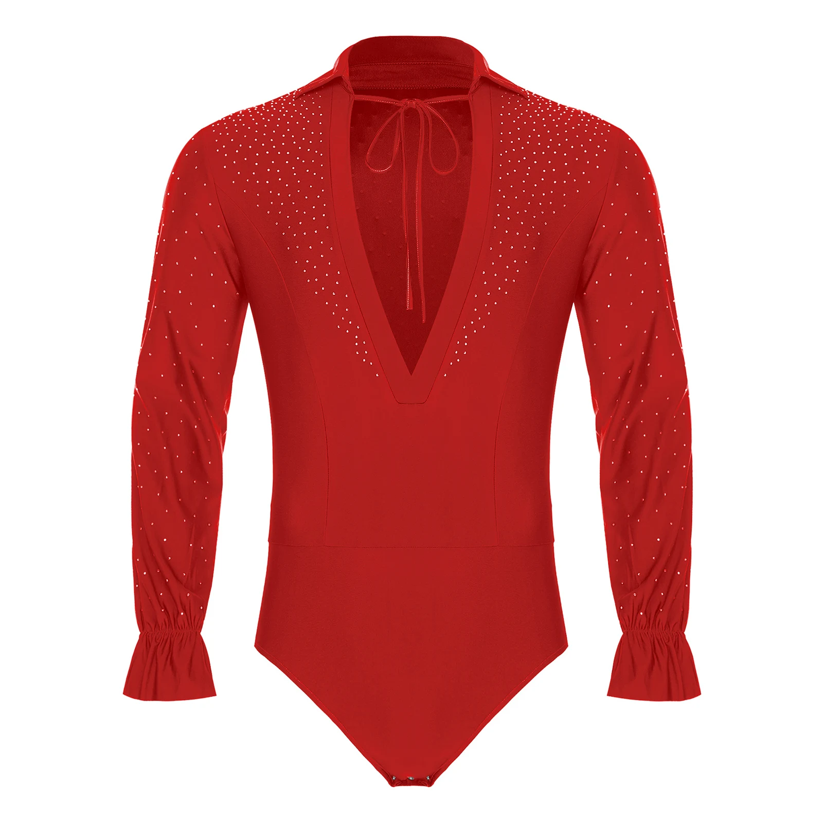 Mens Latin Jazz Dance Leotard Deep V Neck Long Sleeve Glitter Rhinestones Open Crotch Bodysuit Dancewear for Ballet Prince Stage