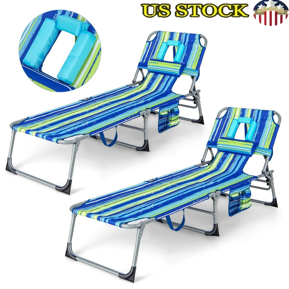 Folding Beach Lounge Chair Tanning Chair with Face Arm Hole Adjustable Backrest Removable Pillow Side Pocket Lightweight Durable