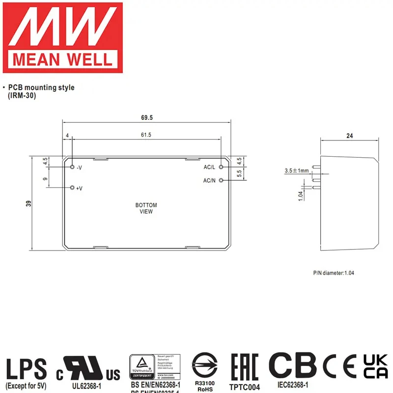 Oznacza dobrze IRM-30-24 IRM-30-24ST tryb przełączania zasilacz 30w 12v 24v AC DC oznacza dobrze do montażu PCB dostaw zielonej moduł zasilania