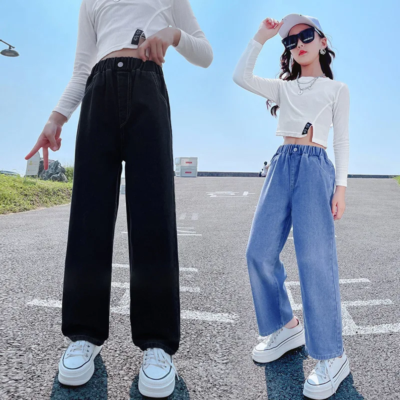 

2026 Casual Loose Style Teenage Girls' Thickened Jeans Autumn Winter Straight Wide-Leg Denim Pants Warm Children Jeans Trousers