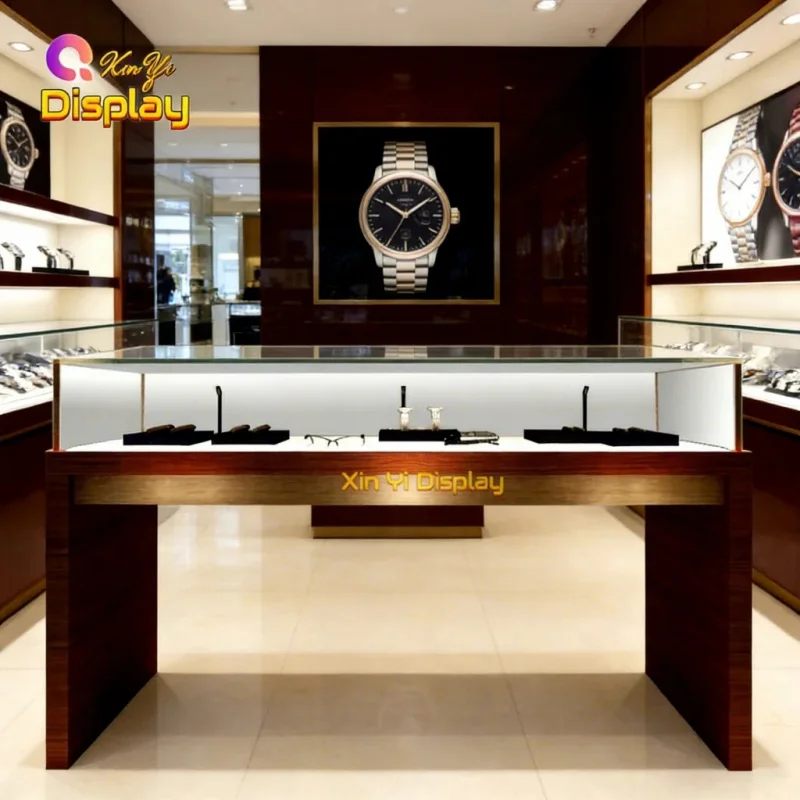 custom.Modern LED-Lit Tempered Glass Stainless Steel Watch Kiosk With Lockable Display Safe Watch Storage in Malls