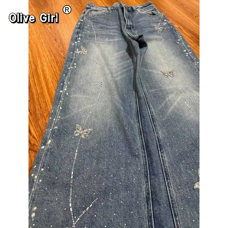 Olivegirl Women's Denim Jeans 2026 Spring Summer Luxury Trousers High Waist Butterfly Diamond Wide Leg Pants Elegant Versatile