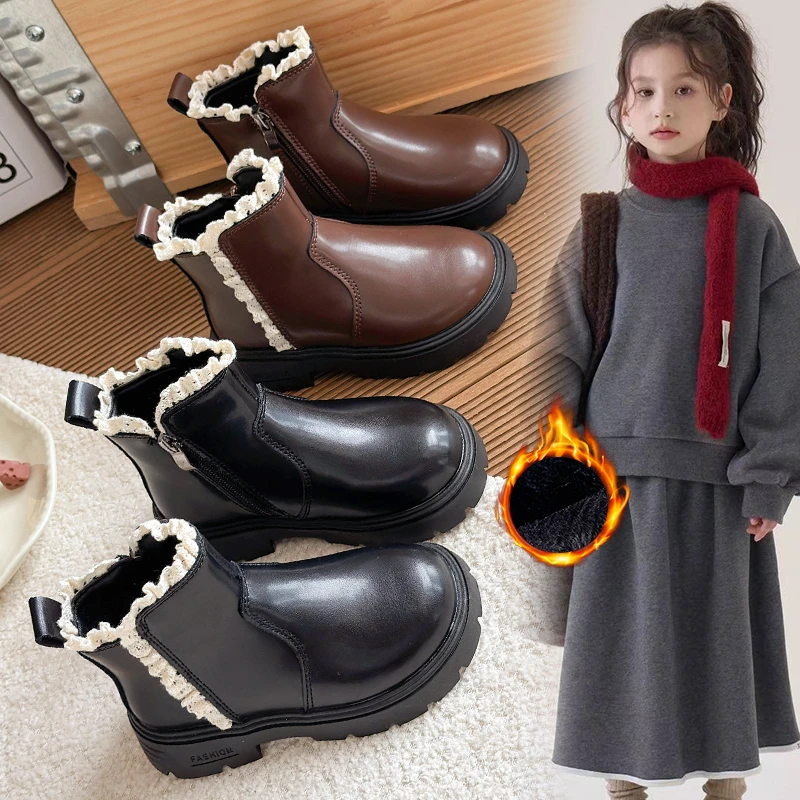 

2025 New Cute Pompom Leather Kids Ankle Boots Super Warm Velevt Winter Shoes Girl Low Heel Fashion Butterfly-knot Student Shoes