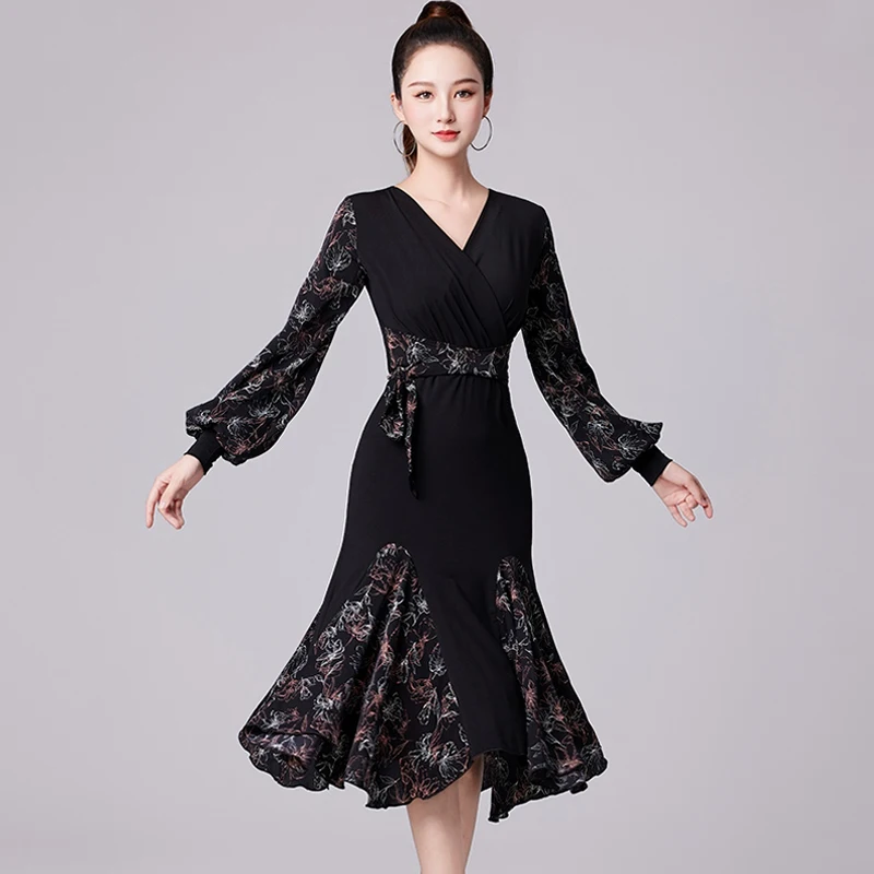 New Women Lantern Sleeves Latin Dance Dress Black Balleoom Dance Competition Dresses Female Stage Performance Wear DWY9773