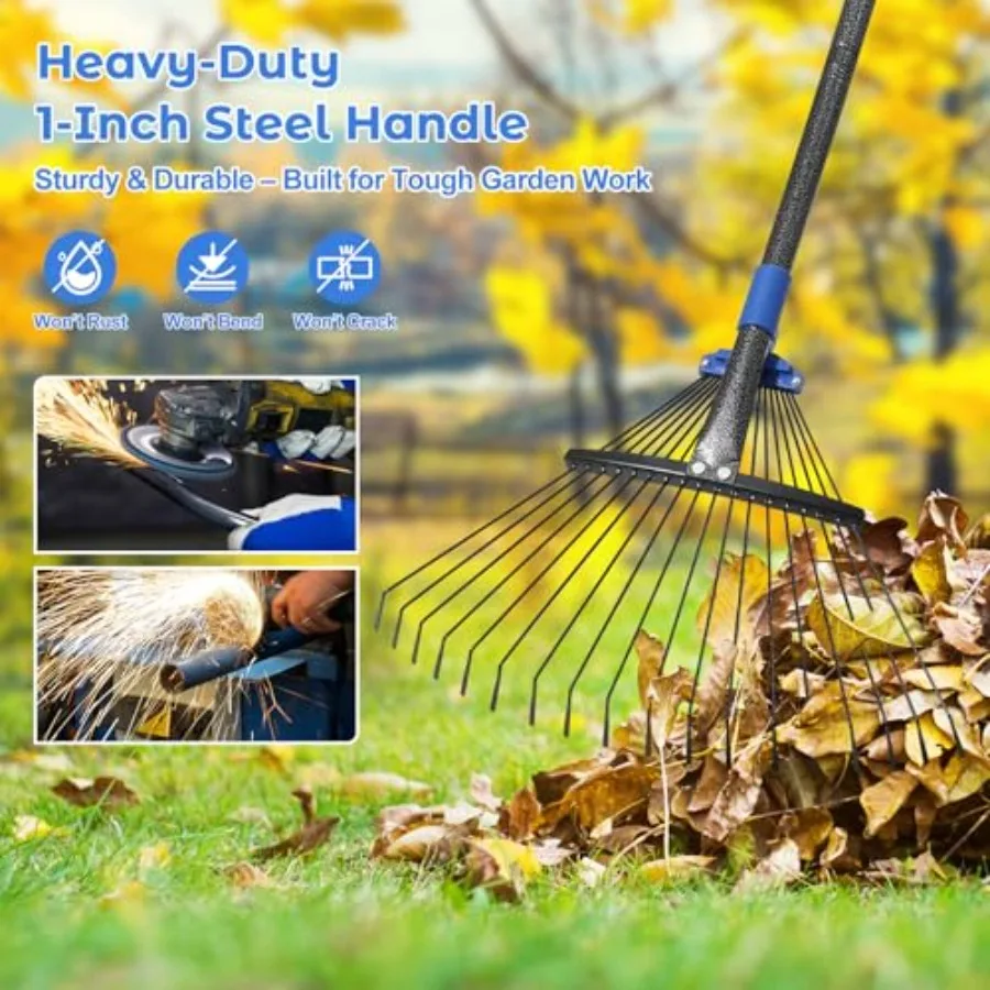 Adjustable Garden Rake for Leaves-Heavy Duty Metal Rake with 8-17