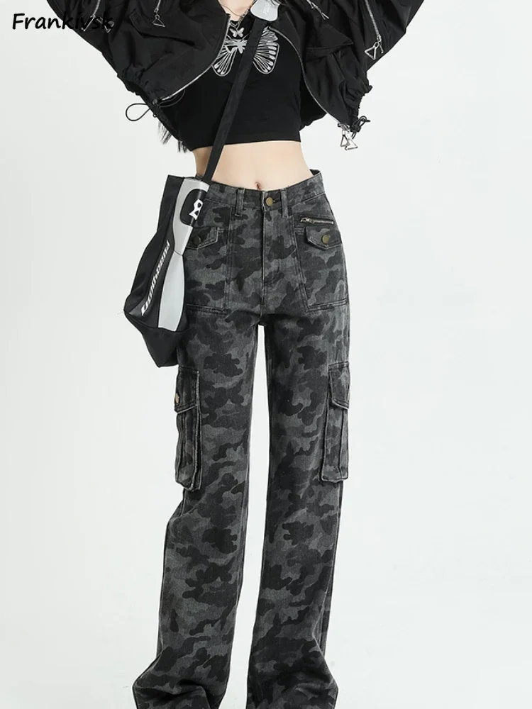 Hip Hop Jeans Women Chic All-match High Waist Camouflage Safari Style Full-length Trousers Streetwear Schoolgirls Simple New BF