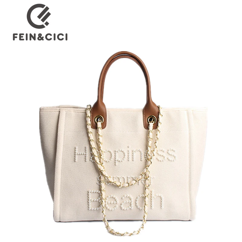 Borsa Shopper firmata da donna borsa a tracolla in tela di perle di perline di marca borsa a tracolla di grande capacità borsa da spiaggia con