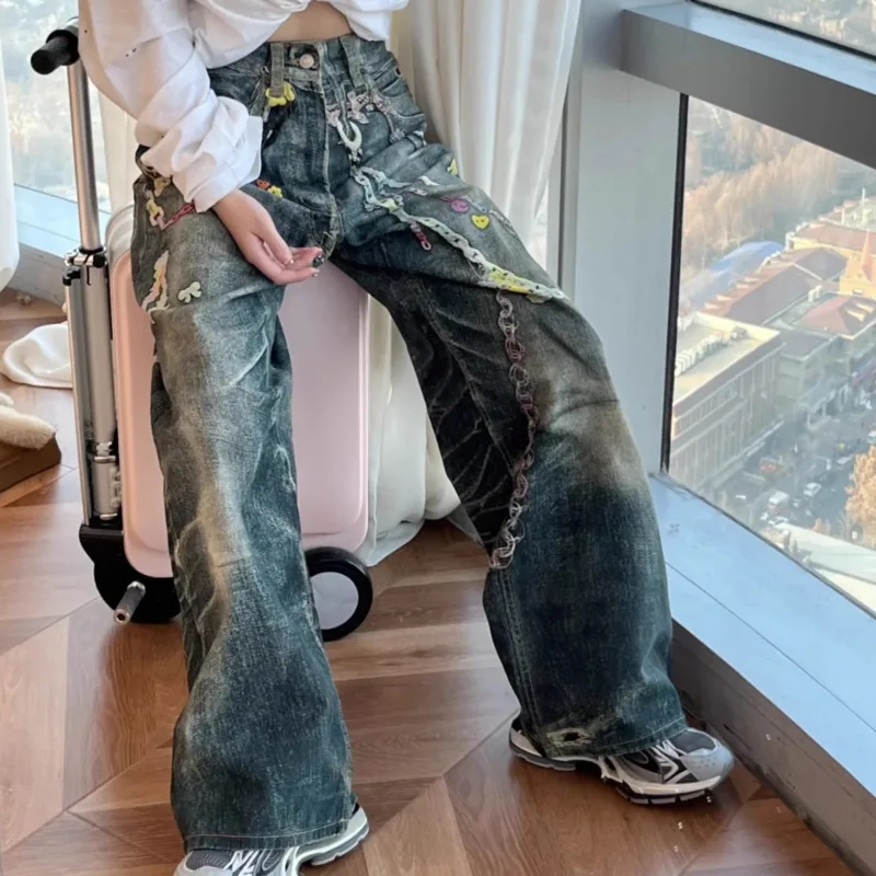 HKSH Spring Autumn Winter New Men Tide Chain 3D Printed Women Jeans Chic Ins Vintage Denim Pants Punk Fashion Streetwear HK19263