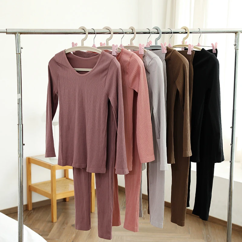 Ropa interior térmica para mujer, conjunto de lencería femenina de manga larga con elasticidad sin costuras, cálida y Vertical, ideal para el invierno