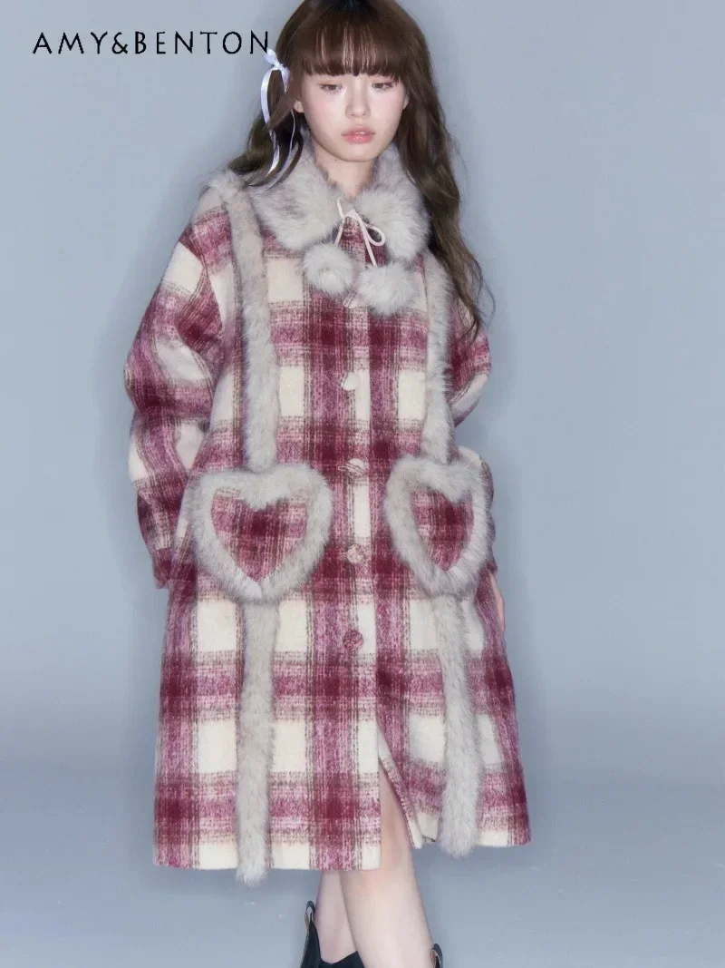 

2024 Winter Warm New Product Original Design Red Wool Plaid Long Jacket For Women