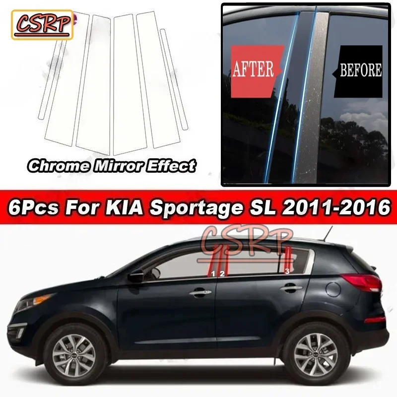 6Pcs Glossy Chrome PC Material Car Door Window Pillar Posts Panel Trim Sticker Auto B C Column For KIA Sportage SL 2011-2016