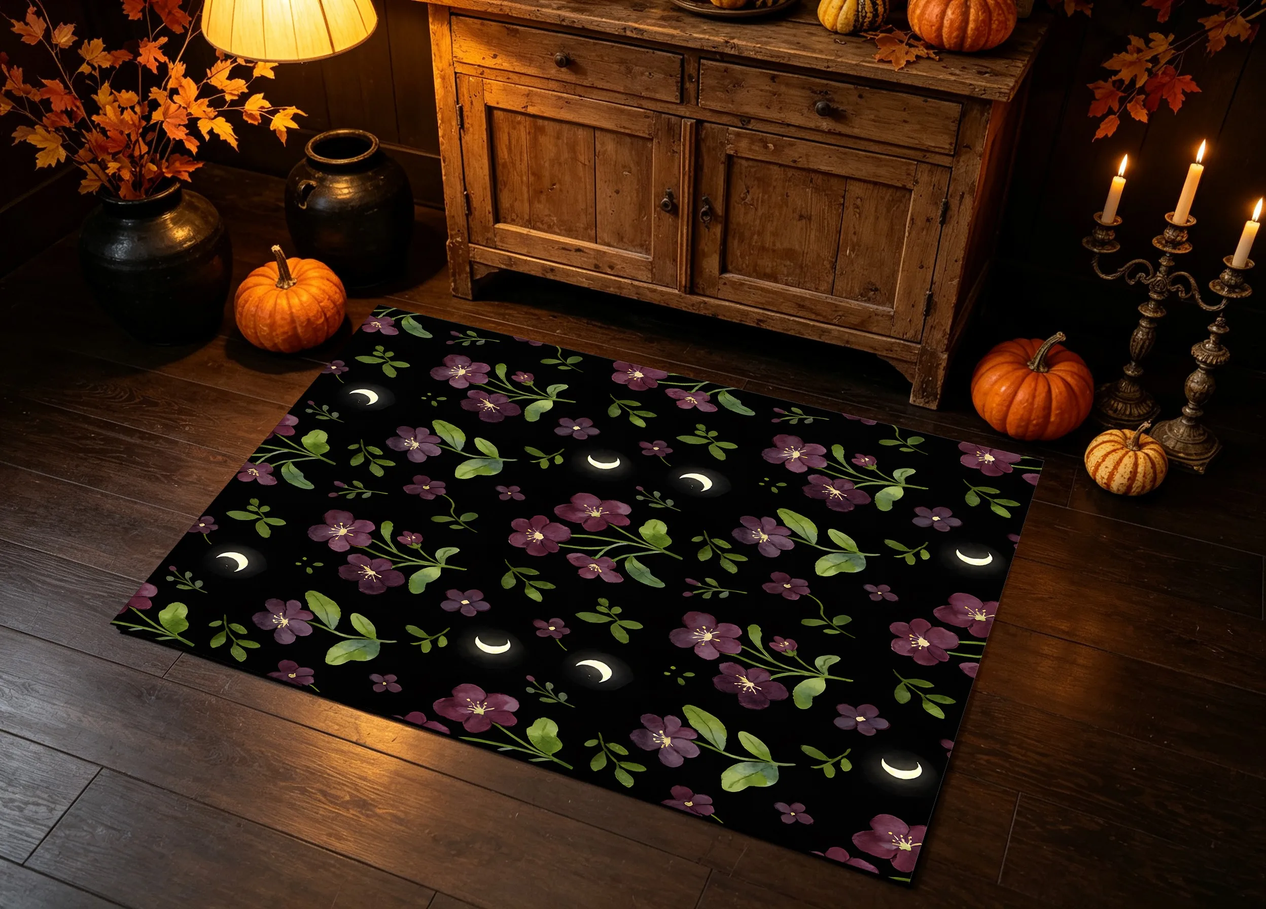 Velvet Rug Dark Crescent Moon Purple Floral Vintage Style for Entryway Bedside Home Decor