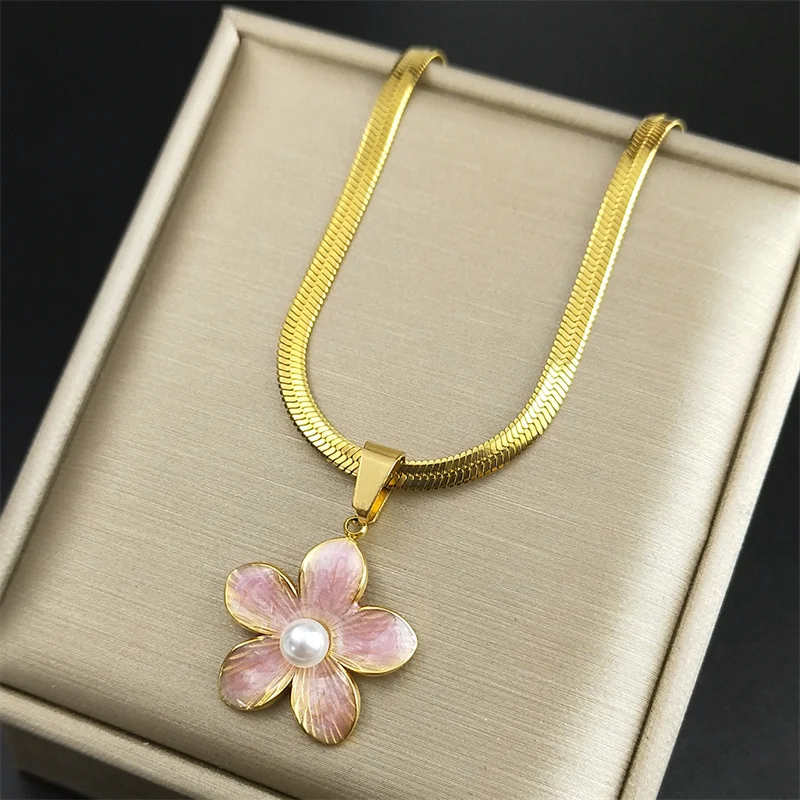 Korean Fashion Rosa Sakura Emaille Blume Perle Halskette Halsband für Frauen Edelstahl Gold Farbe Halsketten Schmuck NZZZ407S04 – Detail 4