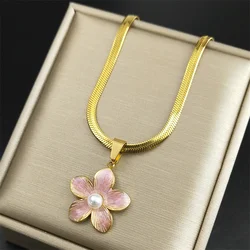 Korean Fashion Pink Sakura Enamel Flower Pearl Necklace Choker for Women Stainless Steel Gold Color Necklaces Jewelry NZZZ407S04