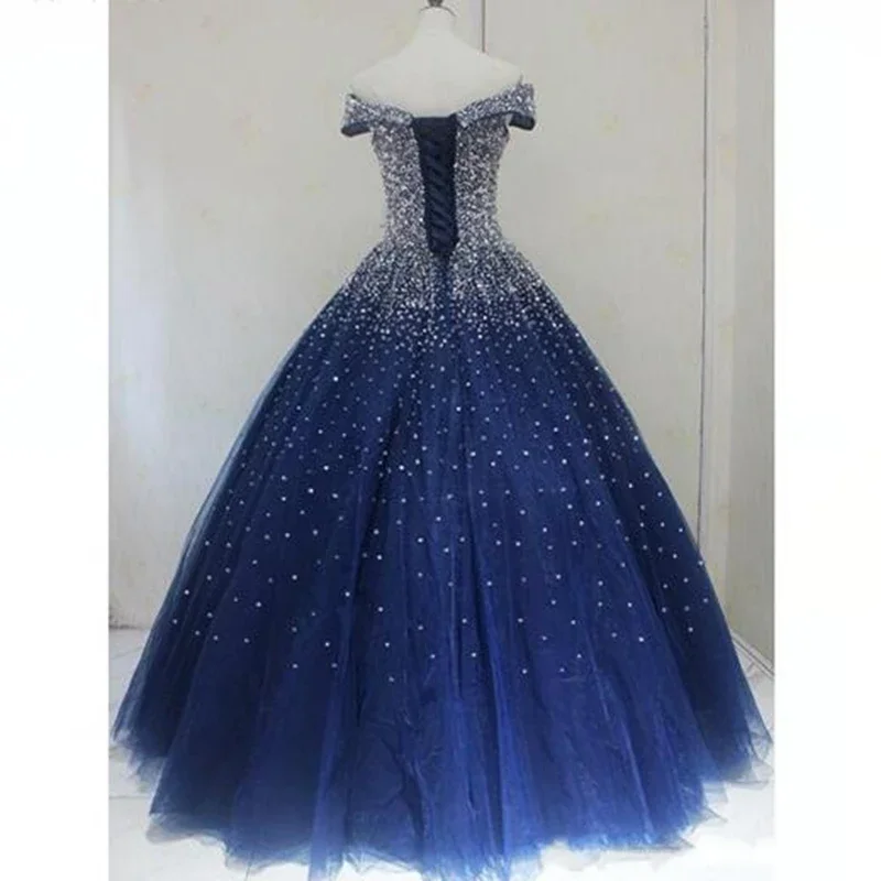 Stock Cheap Navy Blue Quinceanera Dresses Full Crystal Beads Tulle Sweet 16 Ball Gowns Debutante Party Dress Vestidos De 15 Años