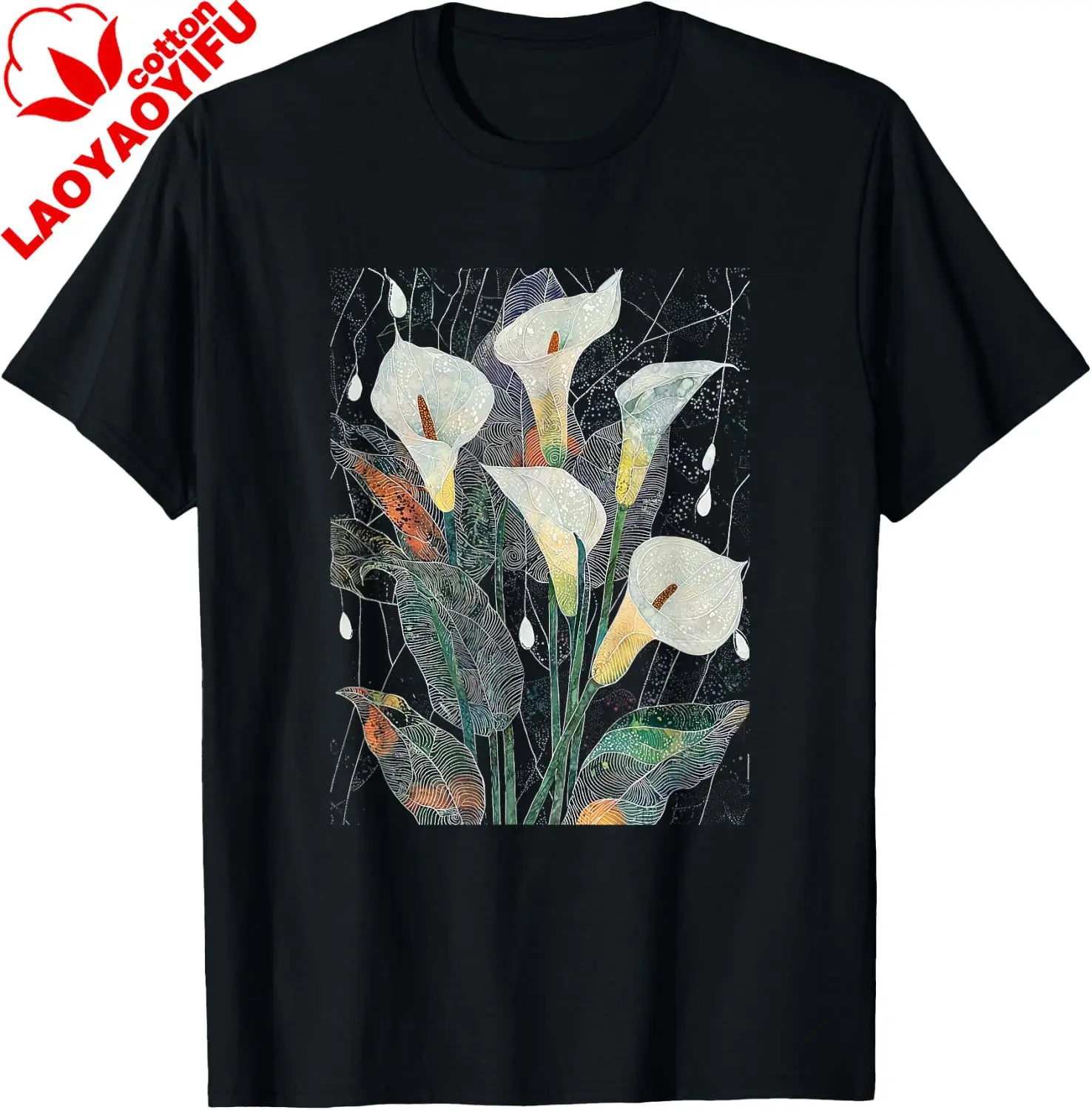 Calla Lillies Elegant Botanical Floral Batik Nature Artwork T-Shirt Men's and Women's 100% Cotton Short-Sleeved Shirt