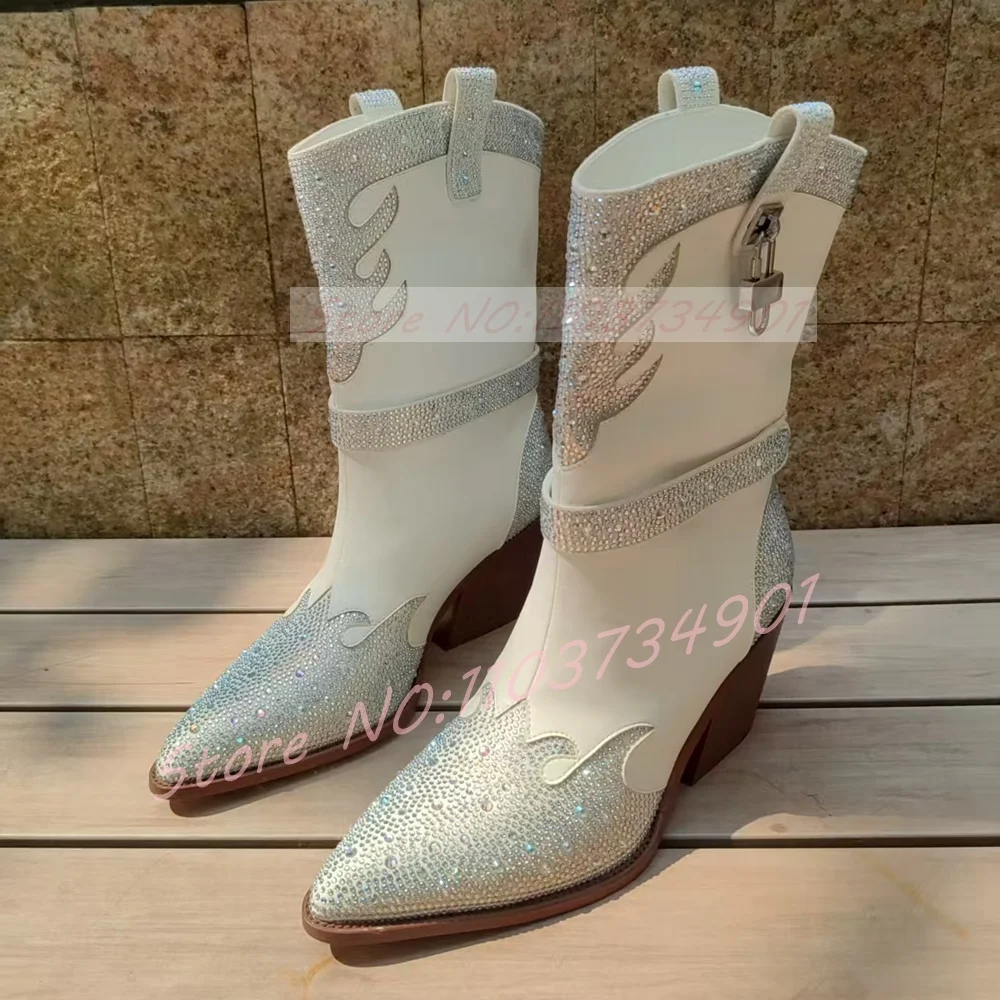 

Сапоги до середины икры со стразами и пламенем, женские ботинки в стиле вестерн с металлическим замком и острым носком, женская модная обувь в стиле ретро на блочном каблуке