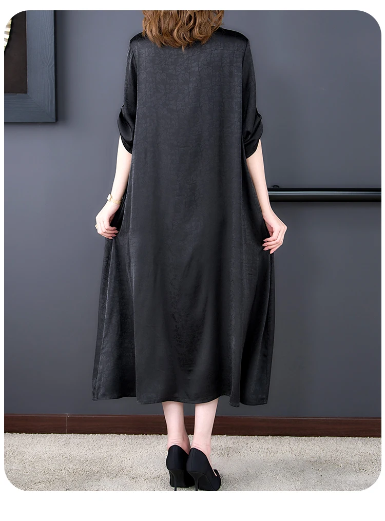 2023 Spring Summer New Loose Slim Medium and Long Women Dress Vintage Silk Satin Temperament Short Sleeve Dress