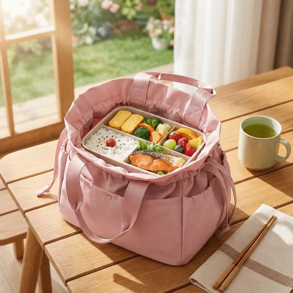 Thickened Drawstring Lunch Box Bag Large Capacity Multi-Pocket Design Hand Carrying Insulated Bag Easy To Clean Bundle Mouth