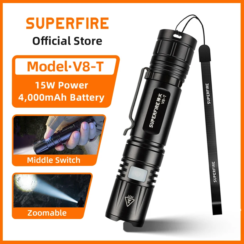 

SUPERFIRE V8-T High Power Led Flashlights Zoomable Camping Tactical Torch USB C Charging Camping Fishing Emergency Lantern