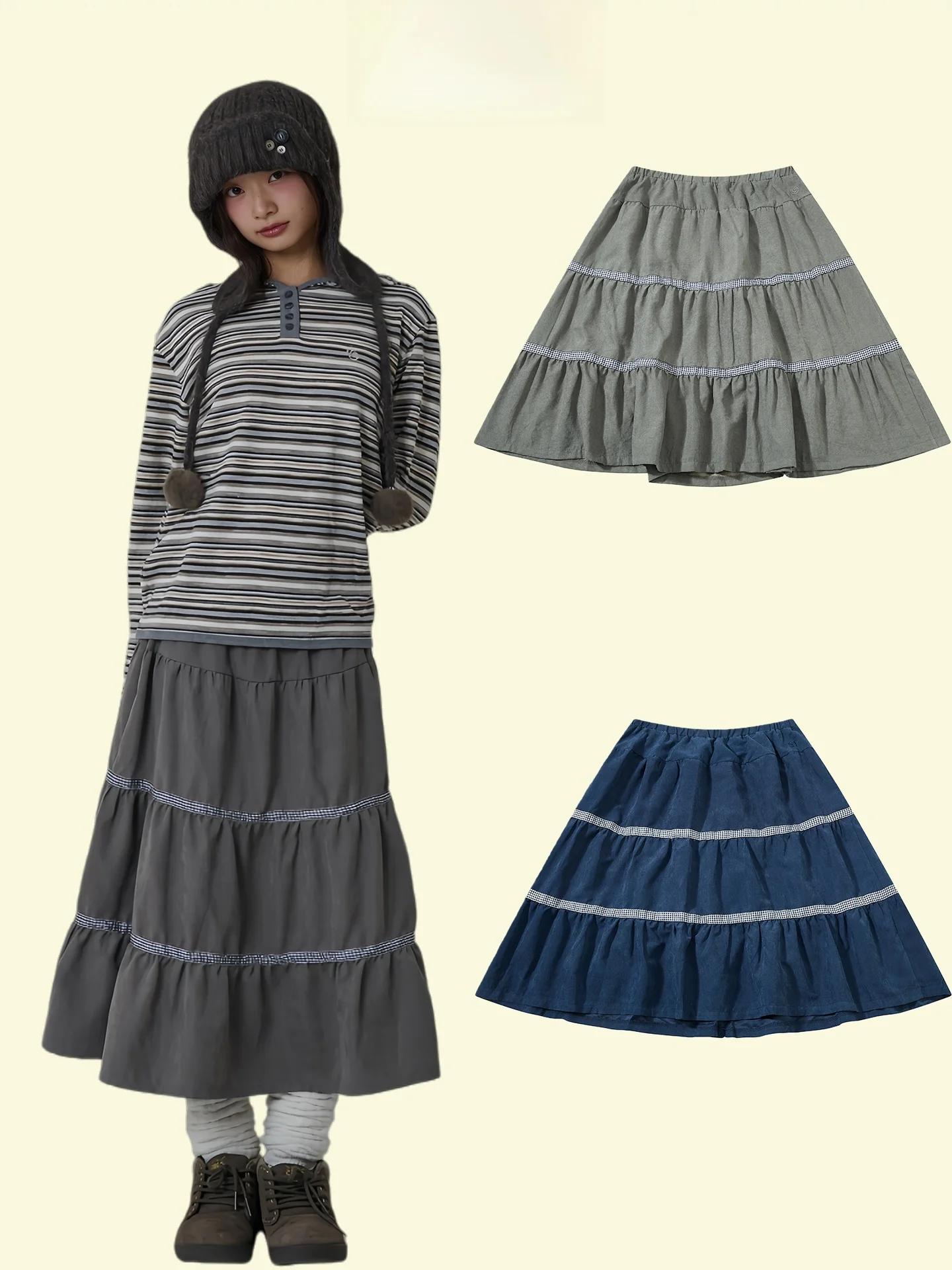 Retro Patchwork Plaid Pleated A-Line Skirt Layered Cake Skirt Commute Cotton mid Waist Elastic Waist No Slit