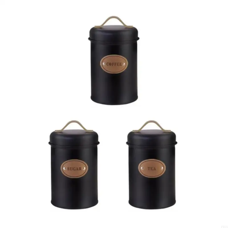 P0UA 3pcs Metal Storage Jars for Coffee Teas Sugar Vintage Kitchen Canisters Set with Lid For Coffee Teas Sugar Storage