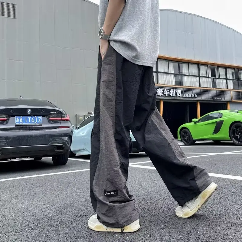 Colorblock السراويل المستقيمة الرجال بناطيل كاجوال مرونة الخصر سراويل للجري الجانب شريط البضائع السراويل الرجال الهيب هوب الشارع الشهير