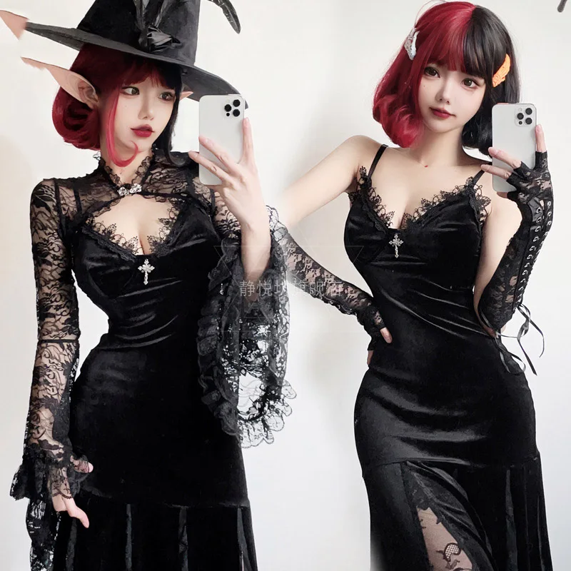 Halloween Costume for Women Anime Cosplay Dark Gothic Black Dress Sexy Cheongsam Witch Multi Inspection Set Vestidos Disfrza